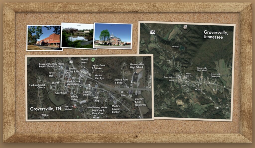 A corkboard. Photos and maps of Groversville.